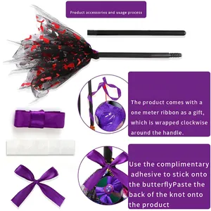 Halloween LED witch broom DIY kit with mesh brush head and purple ribbon decoration