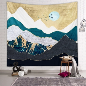 Modern abstract mountain wall tapestry with golden moon and birds for home decor