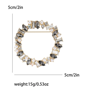 Sparkling crystal wreath brooch with grey marquise gems and pearls, 5cm diameter