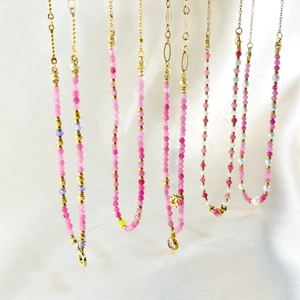 French style colorful natural stone beaded necklace with 18K gold plating on white silk