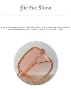 Close-up of stylish pink gradient lenses and transparent square frames for women