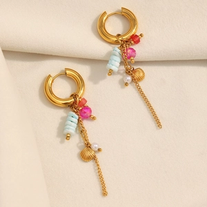 Detail of 18K gold-plated hoops with pink beads, blue beads, and shell tassels