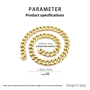 Detailed specs of 15mm gold Cuban link chain necklace in durable stainless steel