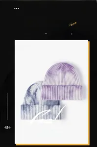 Detail of ribbed knit texture on tie-dye beanies in purple and grey-blue winter colors