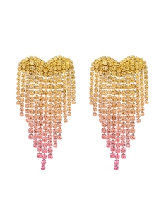 Detail of rhinestone tassel earrings featuring a heart shape and three-color gradient finish