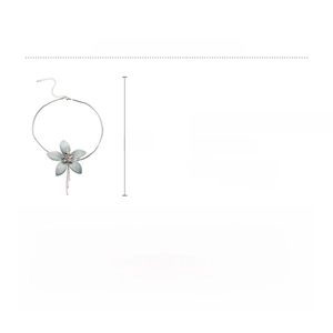 Detailed spec sheet showing material info and dimensions for the floral tassel necklace