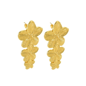 Elegant 18k gold-plated triple flower drop earrings with a vintage brushed metal finish