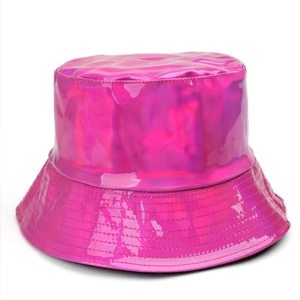 Close-up of metallic pink PU leather bucket hat with glossy finish and stitched brim