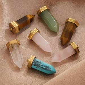 Natural hexagon stone pendants in tiger eye, quartz and turquoise with gold plated loops