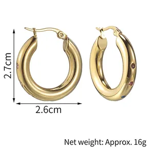 Detail view of 14K gold plated hoop earrings with multicolored stones and size dimensions