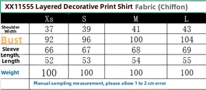 Detailed size chart for floral print chiffon shirt with sleeve measurements in centimeters
