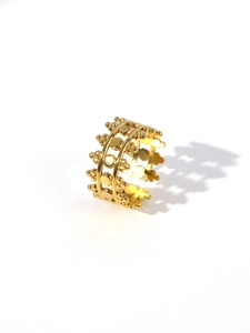 Macro detail of 18k gold plated stainless steel hollow ring with vintage crown texture