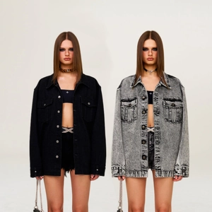 Women Denim Jacket Long Sleeve Oversized Button Down Outerwear Acid Wash Streetwear Casual Shirt