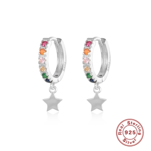 S925 sterling silver hoop earrings with rainbow zircon stones and star pendants