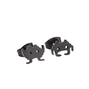 Fashionable black pixel monster stainless steel stud earrings on a white background