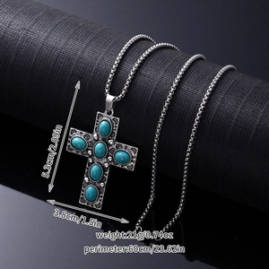 Detailed view of vintage silver cross pendant with five oval turquoise stones and size specs