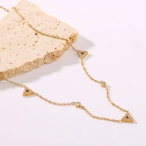 Minimalist Stainless Steel Necklace For Women 18K Gold Plated Geometric Triangle Pendants Micro Pave Cubic Zirconia