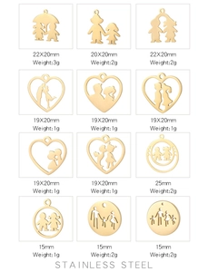 Grid view of 12 gold stainless steel heart pendants with sizes and weights for DIY jewelry