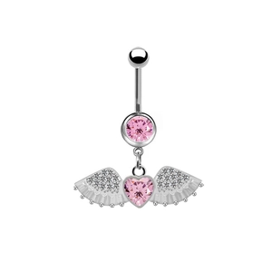 Detail of silver belly ring with pink heart gem, angel wings and clear crystal pavé accents