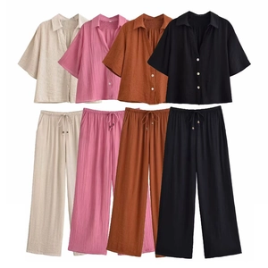 Damen Sommer-Set aus Kurzarmhemd mit Revers und weitem Bein Hose, in 4 Farben erhältlich