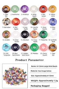 Macro display of 6x12mm natural gemstone rondelle beads in various materials for DIY
