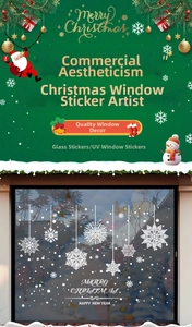 Detailed white snowflake window decals with Merry Christmas and Happy New Year text