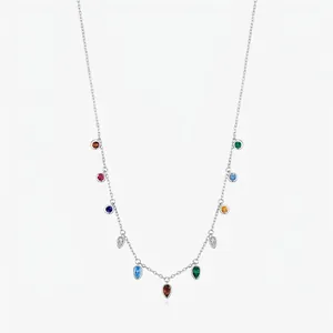 925 Sterling Silver Necklace With Colorful Round Teardrop Zirconia Elegant Fashion Clavicle Chain Jewelry For Women
