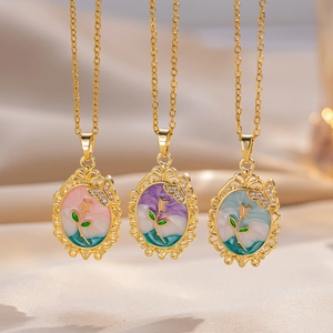 Vintage French Style Rose Flower Oval Enamel Pendant Necklace With Butterfly Zircon Titanium Steel For Women