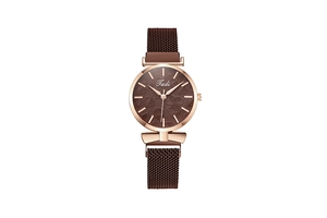 Detailed view of women's quartz watch with brown leaf texture dial and magnetic mesh band