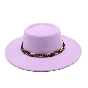 Purple wool felt wide brim boater hat with a colorful woven decorative band