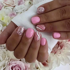 Short Press On Nails Pink White Glitter Curve Wave Pattern Artificial False Fingernails For Women Sweet Ins Style