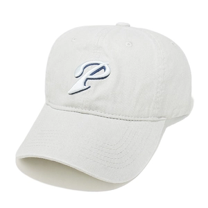 Detailed close-up of blue P letter embroidery on a white vintage washed baseball cap