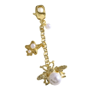 Gold bee keychain with baroque pearl and starfish charm for handbag decoration