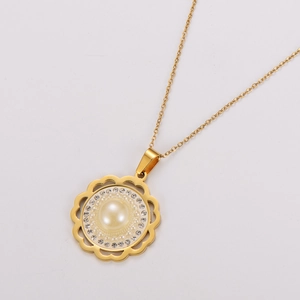 Luxurious gold stainless steel flower necklace with a central pearl and diamond halo