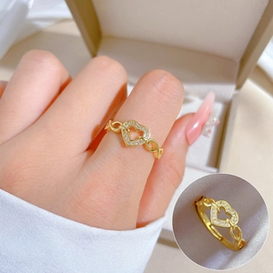 Heart Shaped Open Ring Brass Gold Plated Sparkling Cubic Zirconia Adjustable Finger Jewelry Women