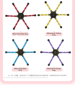 Detail showing four colors of mechanical transformable fidget spinners for stress relief
