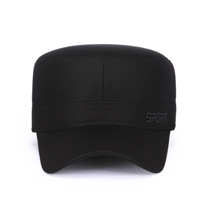 Classic black winter flat top military cap for men featuring sport embroidery and ear protection