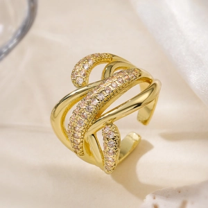 Elegant 18K gold plated irregular geometric crossover ring with sparkling zircon stones