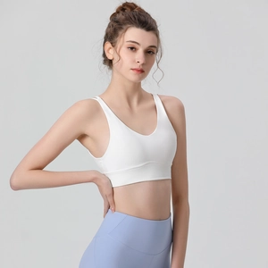 White V-neck shockproof sports bra with wide straps for running and yoga training