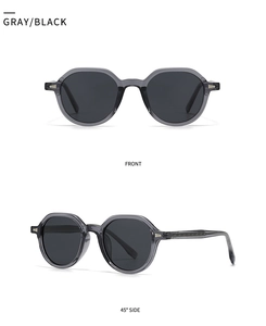 Front and side views of gray transparent frame polarized sunglasses with metal details