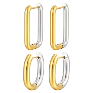 Two-tone rectangle and oval huggie hoop earrings in gold and silver stainless steel