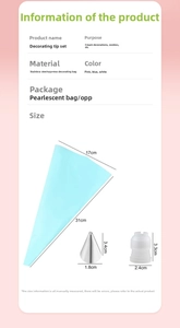 Detail showing dimensions of EVA piping bag, stainless steel nozzle and PP coupler set