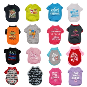 Selection of colorful cotton dog vests and printed pet t-shirts in sixteen various styles