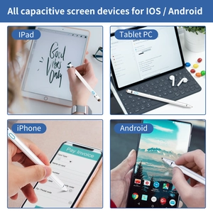 Universal active stylus pen shown working on iPad, Tablet PC, iPhone, and Android devices