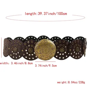 Retro Bohemian wide faux leather belt with vintage bronze buckle and rivet details