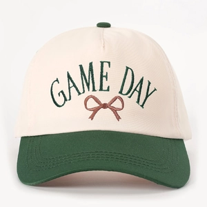 Vintage GAME DAY embroidered baseball cap in cream and green with adjustable strap