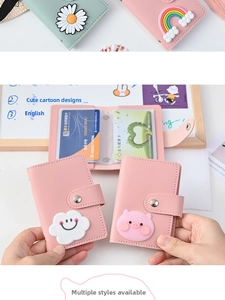 Close-up of cute cartoon PU leather card holder with 26 card slots and metal snap button