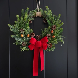 Artificial Christmas Wreath Garland With Pine Cones Red Velvet Bow Green Berries Front Door Wall Hanging Winter Holiday Decor