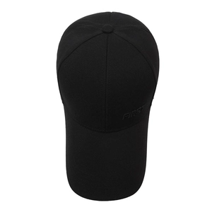 Classic black cotton baseball cap with FIRST embroidery and extended brim for sun protection