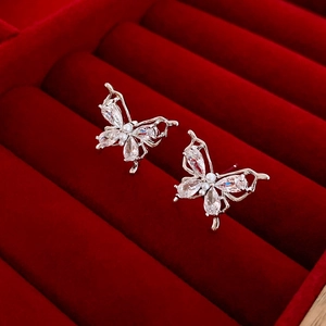 Butterfly Stud Earrings Zircon Imitation Artificial Pearl Copper Jewelry With 925 Sterling Silver Earring Post Elegant For Women